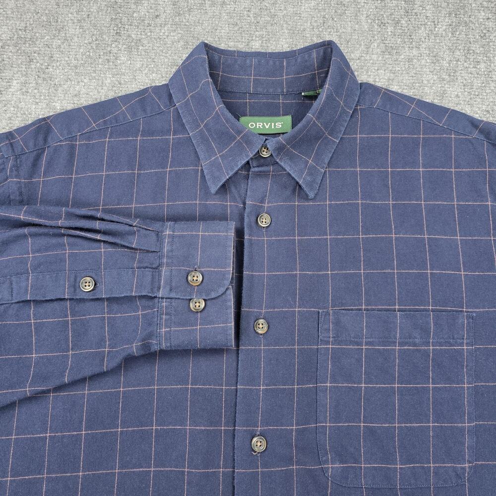 Orvis Shirt Mens Large Blue Windowpane Luxury Cotton Merino Flannel Button Down